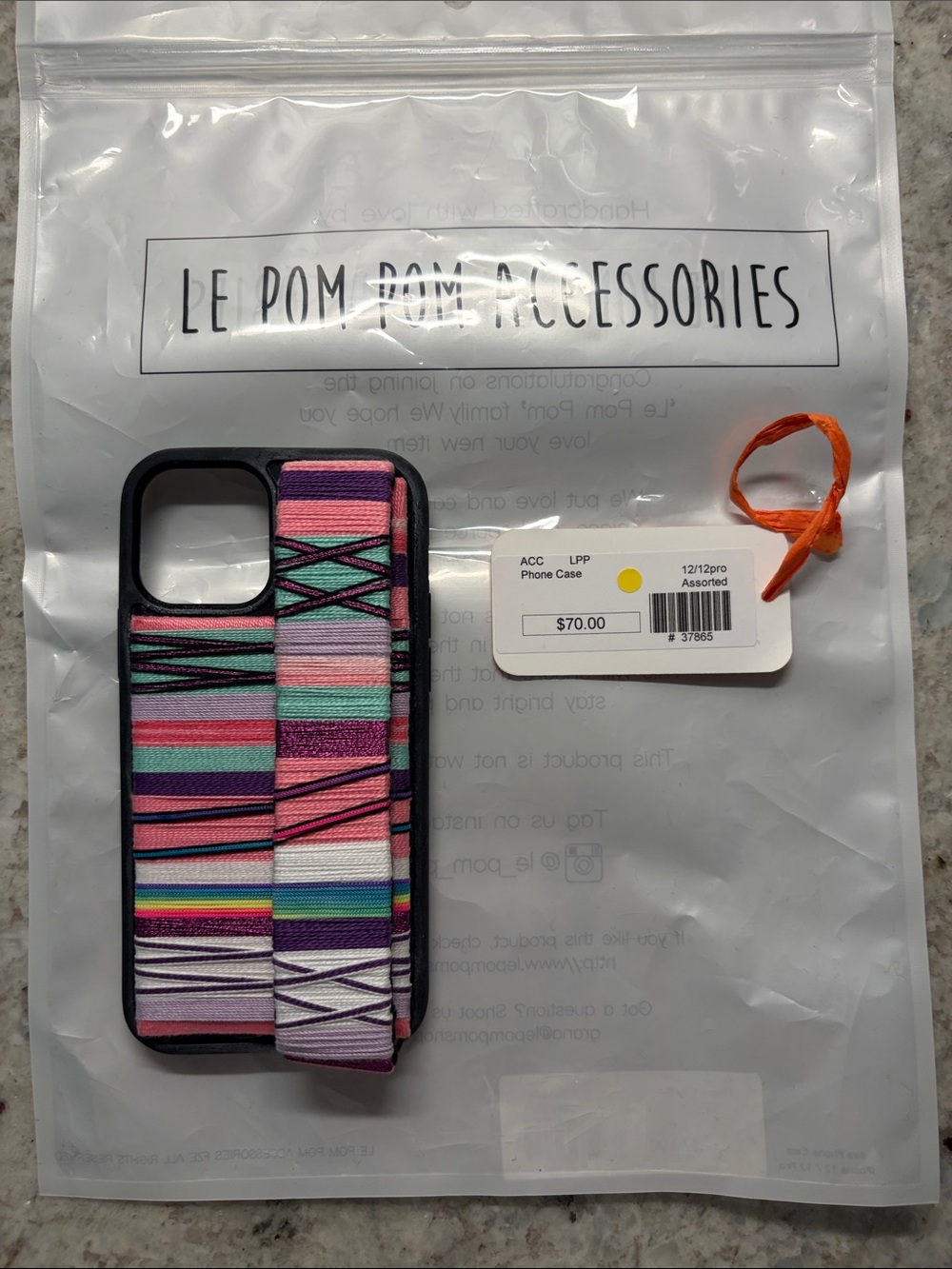 Le Pom Pom Striped Elastic Strap Phone Case - Pink Multi